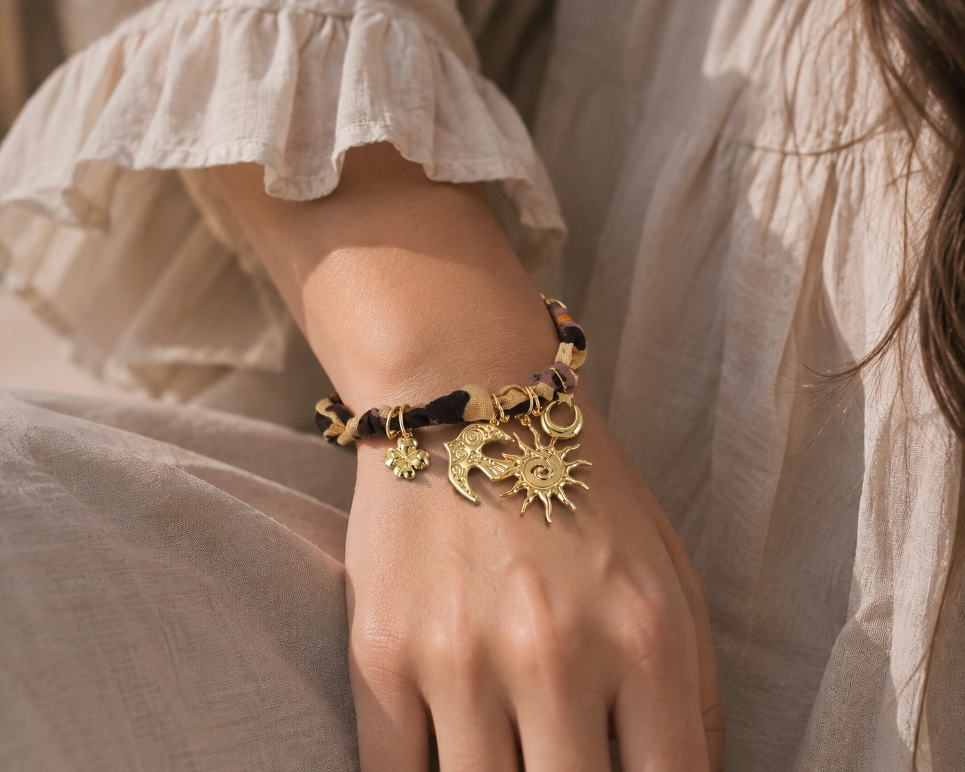 Bracelet Ruban Léopard à Breloques Célestes (16 + 3 cm)